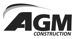A black and white logo of agm construction