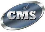 A silver and black logo for cms
