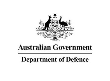 A black and white image of the australian government department of defence.