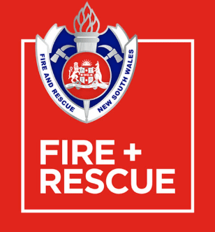 A red square with the words fire and rescue in white.